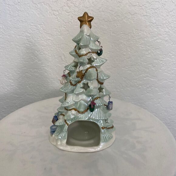Rare VTG Ceramic 8" Painted Christmas Tree Tealight Holder Miniature Ornaments - Picture 2 of 8